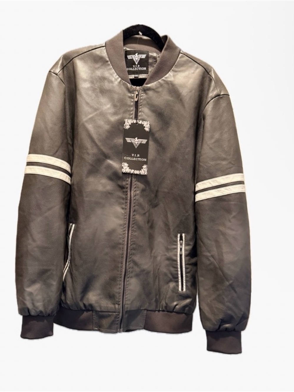NWT Grey Bomber Moto Jacket with White Stripe Detail on Sleeves Size XXL